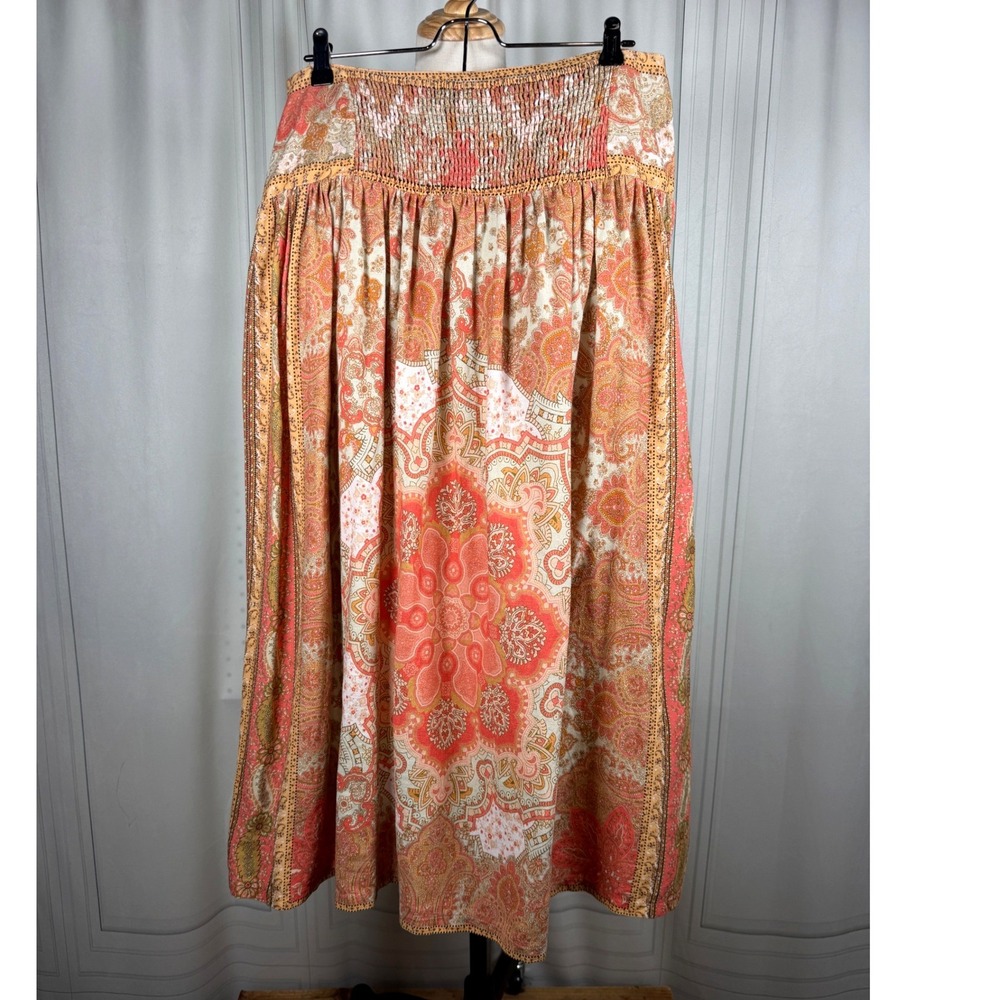 House of Harlow 1960 Orange Paisley Smocked Back Maxi Skirt Linen Blend M 33" - Picture 5 of 12